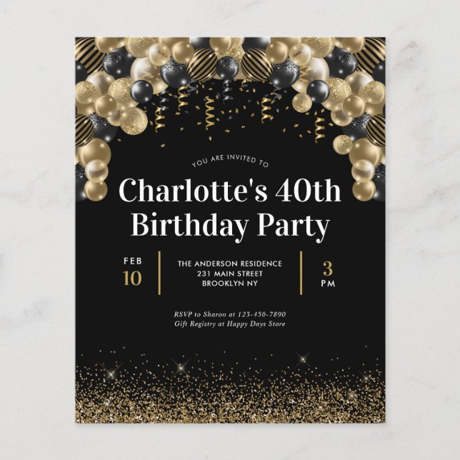 バジェットブラック金ゴールドバルーングリッター任意の年齢誕生日 (正面)