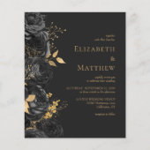 バジェットブラック金ゴールドフローラダーク結婚式招待状 (正面)