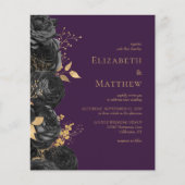 バジェットブラック金ゴールドフローラパープル結婚式招待状 (正面)