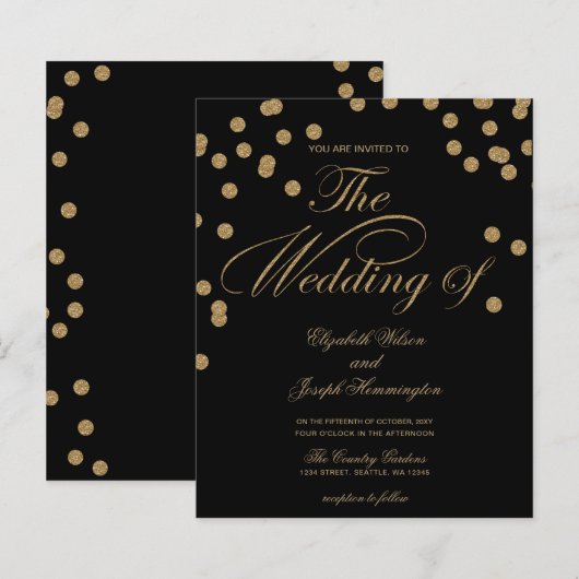 バジェットブラック金ゴールド紙吹雪結婚式招待状 (正面/裏面)