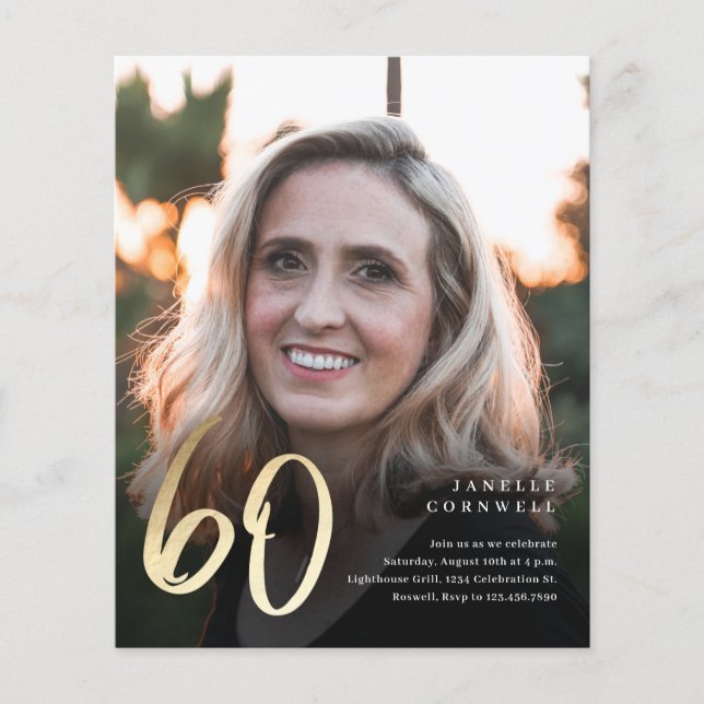 バジェットブラック金ゴールド60thフォト誕生日招待状 (正面)