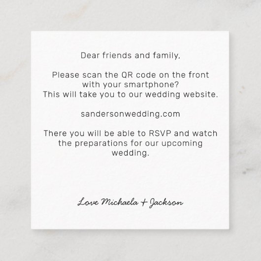 バジェットブラック金ゴールドQRコード結婚式招待状 スクエア名刺 (裏面)