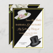 バジェットブラック&ホワイト結婚フローラ救の日付 案内状 (正面/裏面)