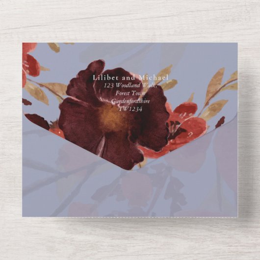 バジェットブルガンディオレンジ秋結婚フローラ オールインワン招待状 (裏面)