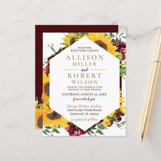 バジェットブルガンディサンフラワーズ結婚式招待状 (正面/裏面インサイチュ)