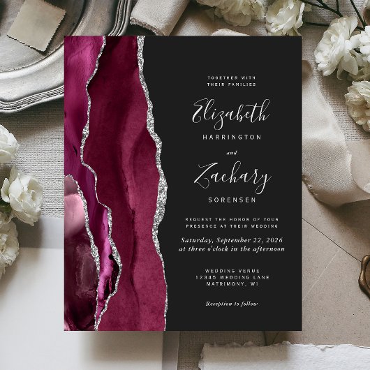 バジェットブルガンディシルバーアゲートダークウェディング招待