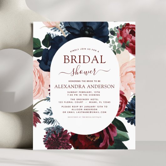 バジェットブルガンディネイビーブルーフローラブライダルシャワー