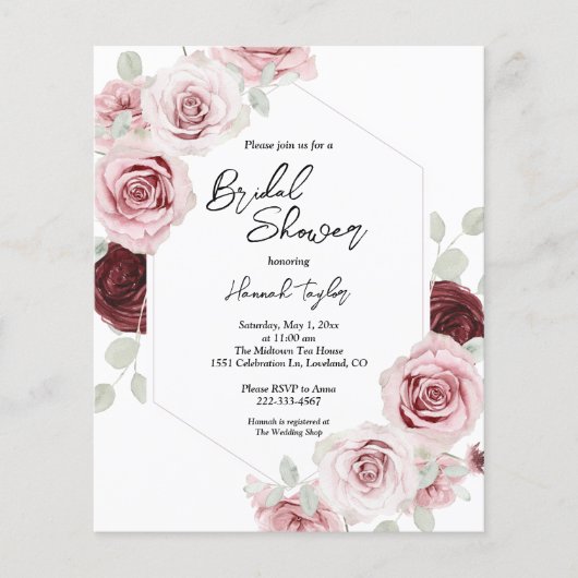 バジェットブルガンディピンクフローラブライダルシャワー招待状 (正面)