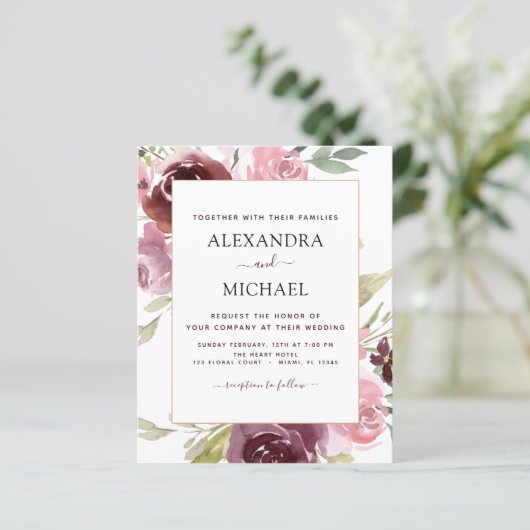 バジェットブルガンディピンクフローラ結婚式招待状 (スタンド正面)