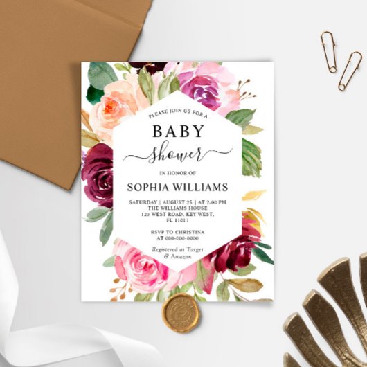 バジェットブルガンディフレームベビーシャワー招待状