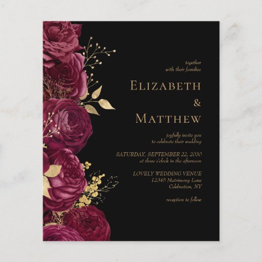バジェットブルガンディブラックフローラ結婚式の招待 (正面)