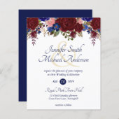 バジェットブルガンディブルーピンク結婚式招待状 (正面/裏面)