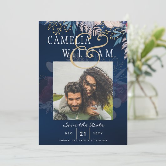 バジェットブルガンディブルー結婚フローラレ救ースのDATE 招待状 (スタンド正面)