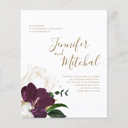 バジェットブルガンディホワイト&金ゴールド結婚式招待状 (正面)