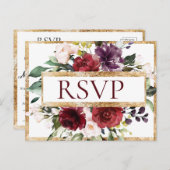 バジェットブルガンディモノグラムフローラ金ゴールドRSVP ポストカード (正面/裏面)