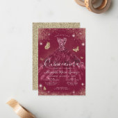 バジェットブルガンディレッド金ゴールドグリッターガウンキンセアニェラ ノートカード (正面/裏面インサイチュ)