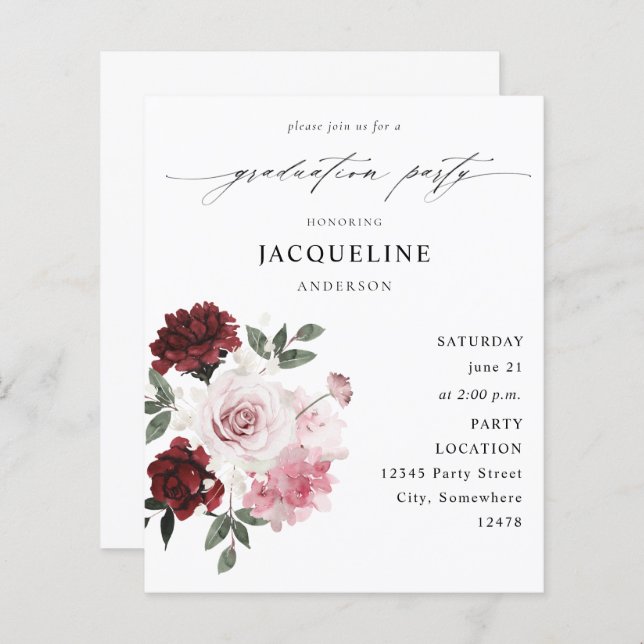 バジェットブルガンディレッド&ピンクフローラ卒業パーティー (正面/裏面)