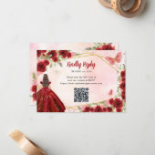 バジェットブルガンディーレッド金ゴールドフローラプリンセスQR RSVP ノートカード (正面/裏面インサイチュ)