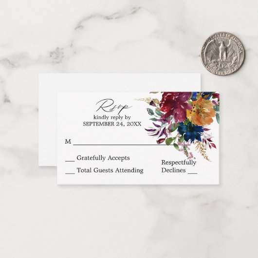 バジェットブルガンディ&ネイビー秋フローラSM食事なし出欠確認 ノートカード (正面/裏面インサイチュ)