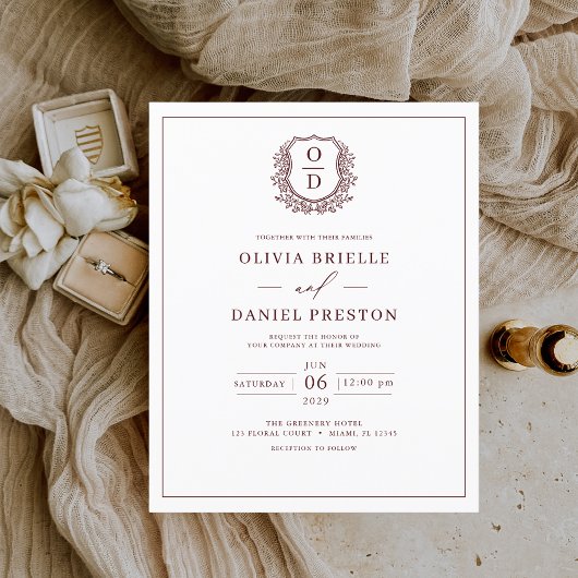 バジェットブルグンディエレガントクレスト結婚式招待状