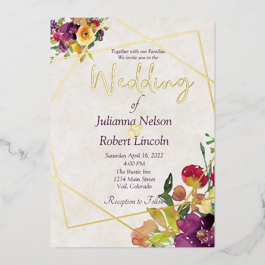 バジェットブルゴーニュと黄色のフローラ 箔招待状 (正面)