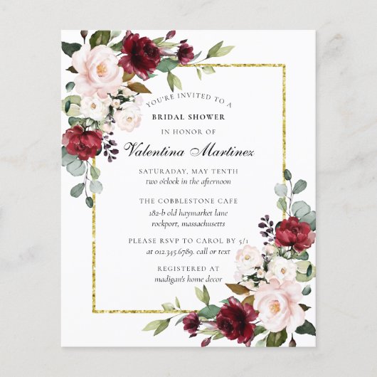 バジェットブルゴーニュフローラブライダルシャワー招待 (正面)