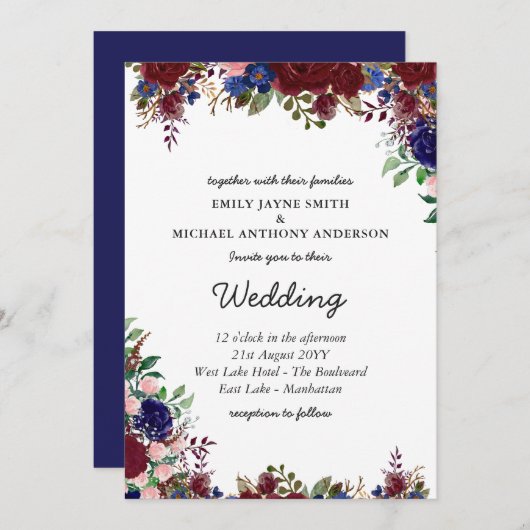 バジェットブルゴーニュブルーフローラ結婚式の招待 招待状 (正面/裏面)