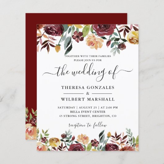 バジェットブルゴーニュレッドオレンジフローラ結婚式の招待 (正面/裏面)