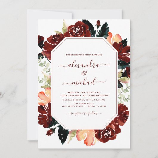 バジェットブルゴーニュ海軍ブルー結婚フローラエレガント 招待状 (正面)