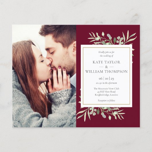 バジェットブルゴーニュ緑の写真結婚式招待状 (正面)