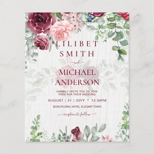 バジェットブルゴーニュ赤面ピンクフローラ結婚式の招待 (正面)