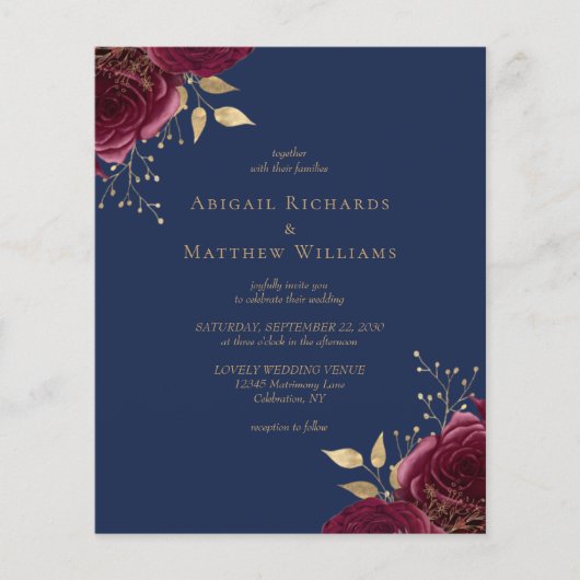 バジェットブルゴーニュ金ゴールドフローラネイビーブルー結婚ズ (正面)