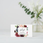 バジェットブルゴーニュ、ネイビー&ピンクフローラ2SM食事RSVP エンクロージャーカード (スタンド正面)