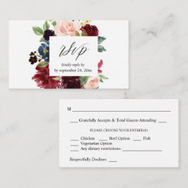 バジェットブルゴーニュ、ネイビー&ピンクフローラ2SM食事RSVP エンクロージャーカード