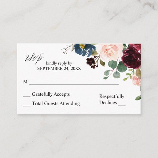 バジェットブルゴーニュ、ネイビー&ピンク2SMお食事なしRSVPメモ エンクロージャーカード (正面)