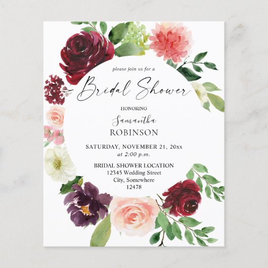 バジェットブルゴーニュ&ピンク4フローラブライダルシャワー チラシ (正面)