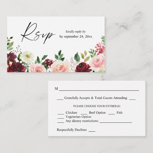 バジェットブルゴーニュ&ピンク4フローラ2SM食事RSVP エンクロージャーカード (正面/裏面)