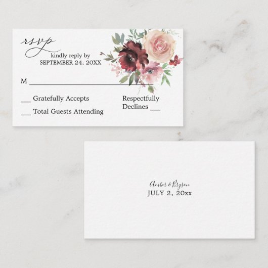 バジェットブルゴーニュ&ピンク5フローラ2SMお食事なしRSVP エンクロージャーカード (正面/裏面)