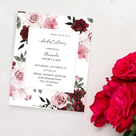 バジェットブルゴーニュ&ピンク6フローラブライダルシャワー チラシ