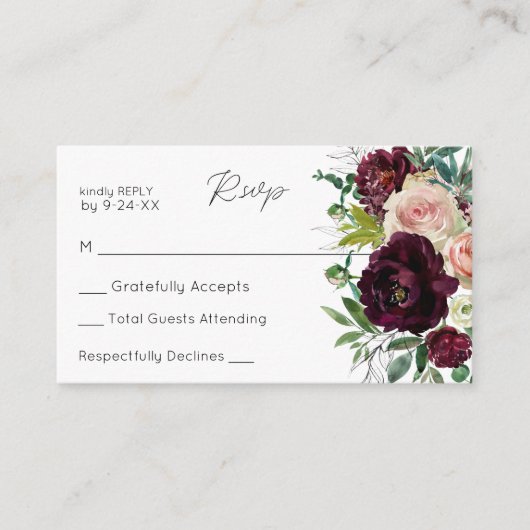 バジェットブルゴーニュ&赤面フローラ3SMいいえ食事RSVP エンクロージャーカード (正面)