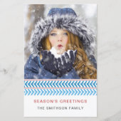 バジェットブルーと白のステッチ写真ホリデーカード (正面)