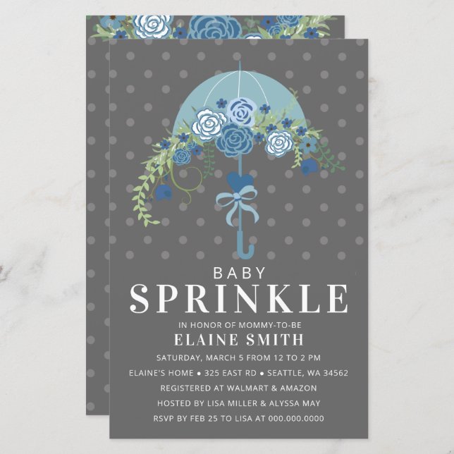 バジェットブルーアンブレラボーイベビーシャワー招待状 (正面/裏面)