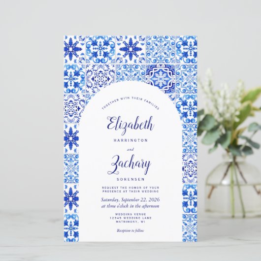 バジェットブルーアーチポルトガルのタイル結婚式の招待 (スタンド正面)