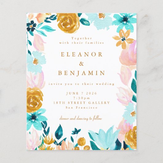 バジェットブルーイエローフローラ結婚式招待状 (正面)