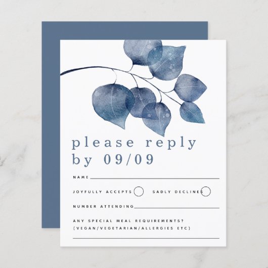 バジェットブルーウォーターの色の葉の結婚式RSVP (正面/裏面)