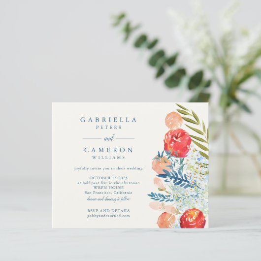 バジェットブルーウォーター色の花模様ボホウェディング招待 (スタンド正面)