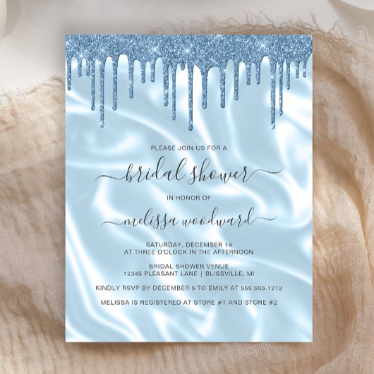 バジェットブルーグリッターサテンブライダルシャワー招待状