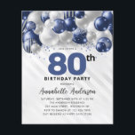 バジェットブルーシルバーバルーングリッター80誕生日<br><div class="desc">グラムモダンネイビーブルーシルバーバルーングリッタースパークルアエージ誕生日招待状</div>