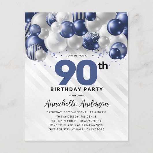 バジェットブルーシルバーバルーングリッター90誕生日 (正面)