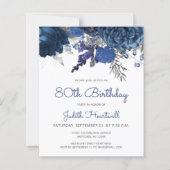 バジェットブルーシルバーフローラ80th誕生日招待状 (正面)